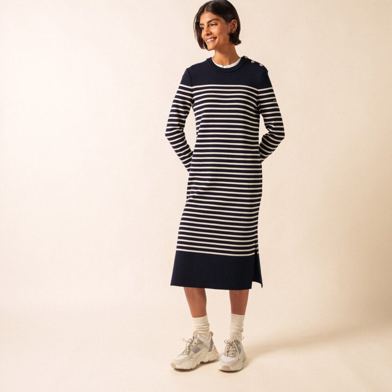 Saint James — Robe pull longue Marée - rayée, en laine (NAVY/ECUME)