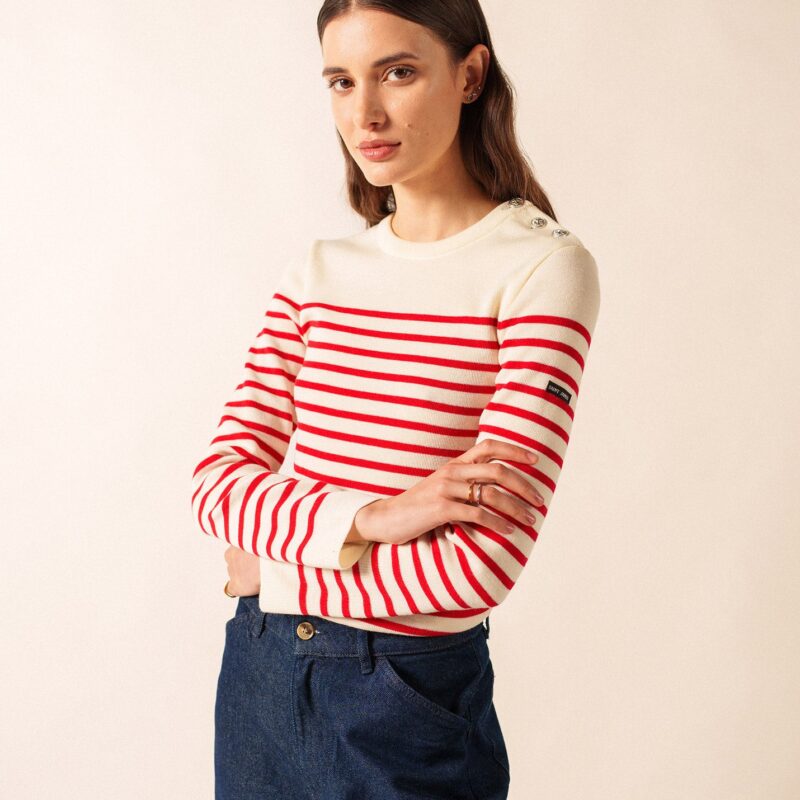 Saint James — Pull marin rayé Marée - en laine mérinos (ECUME/TULIPE)