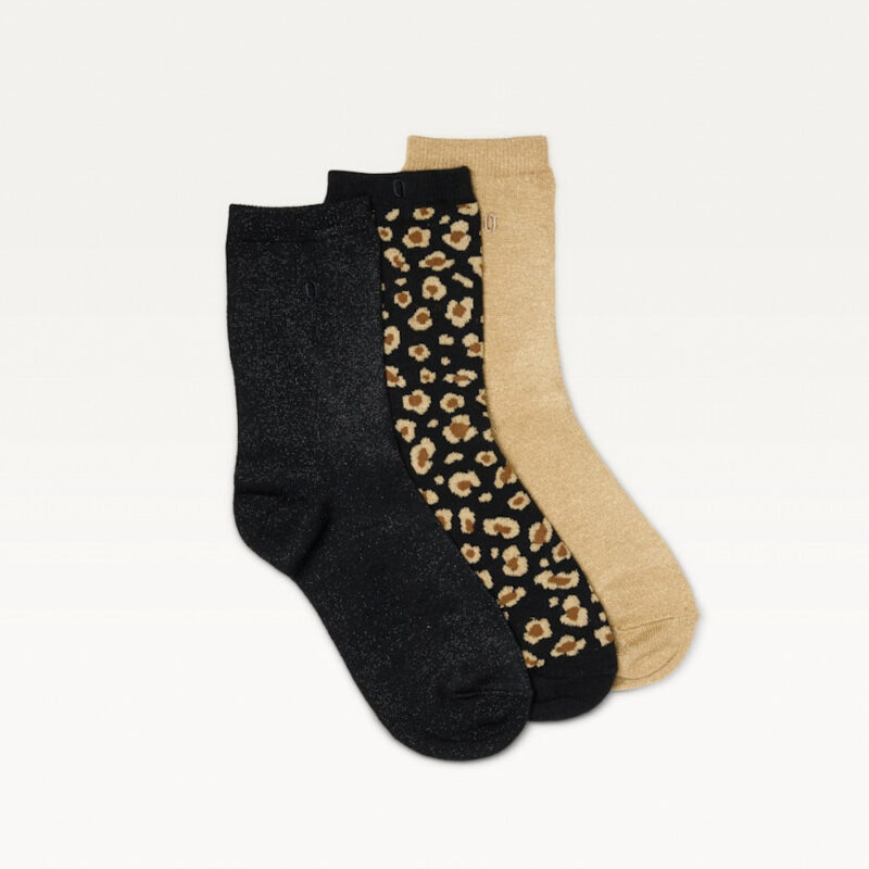 Odaje — Pack de 3 Chaussettes - Fantaisie paillettes et léopard noir doré