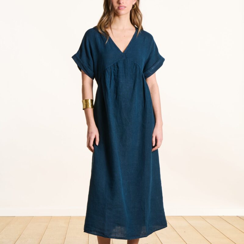 La Fee Maraboutee — Robe longue ample en lin bleu pétrole manches courtes