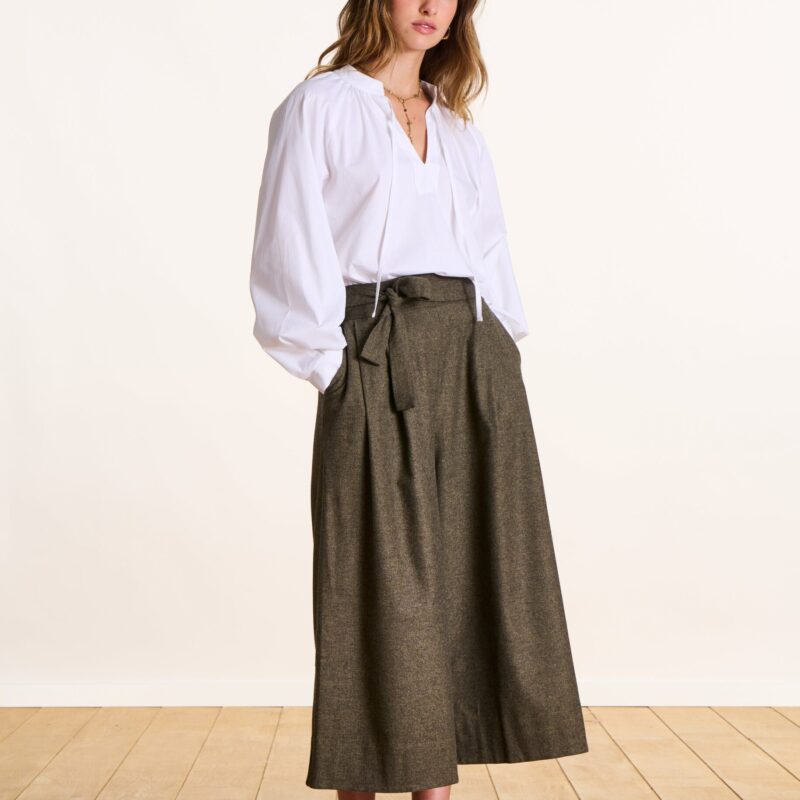 La Fee Maraboutee — Pantalon jupe-culotte tweed kaki taille élastique