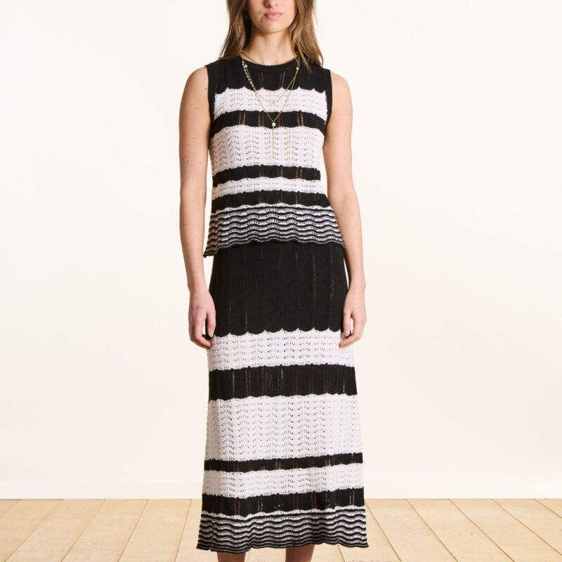 La Fee Maraboutee — Jupe midi en maille ajourée blanc et noir