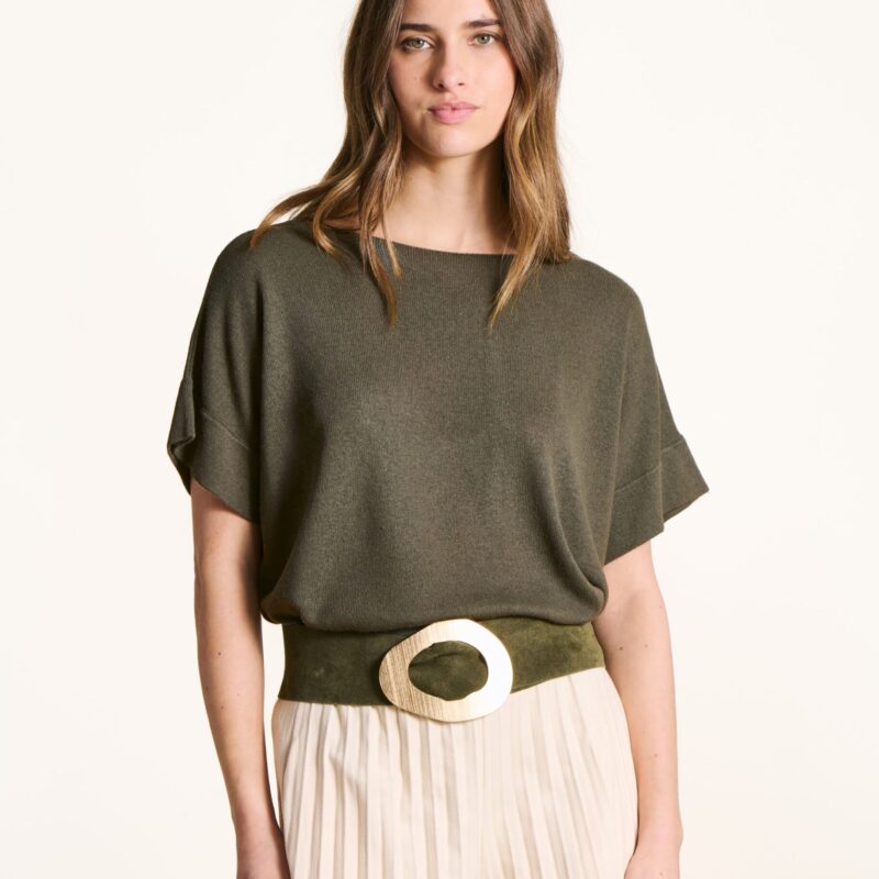 La Fee Maraboutee — Pull en maille fine kaki encolure bateau