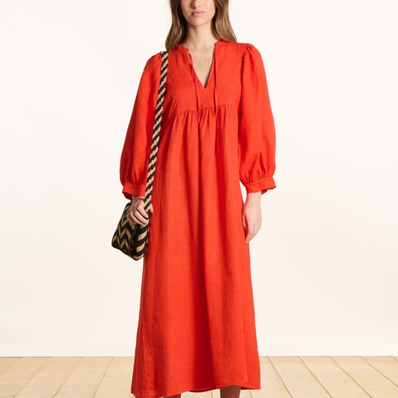 La Fee Maraboutee — Robe longue orange en lin à manches longues
