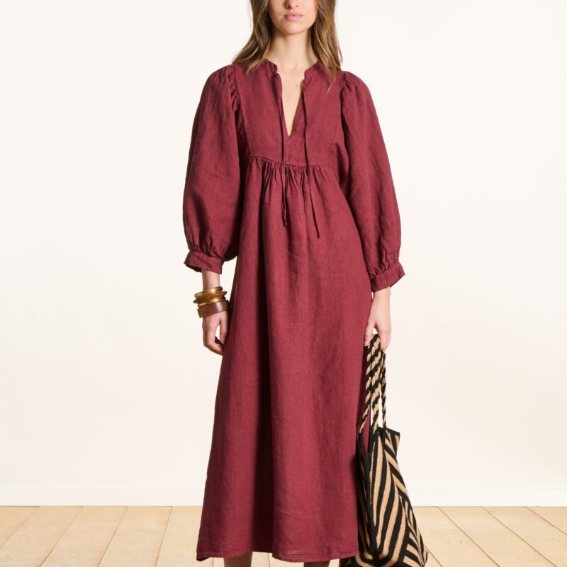 La Fee Maraboutee — Robe longue bordeaux en lin à manches longues