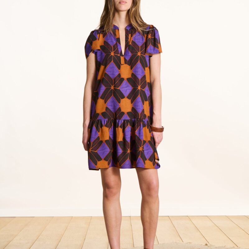 La Fee Maraboutee — Robe courte orange et violet à imprimé manches courtes